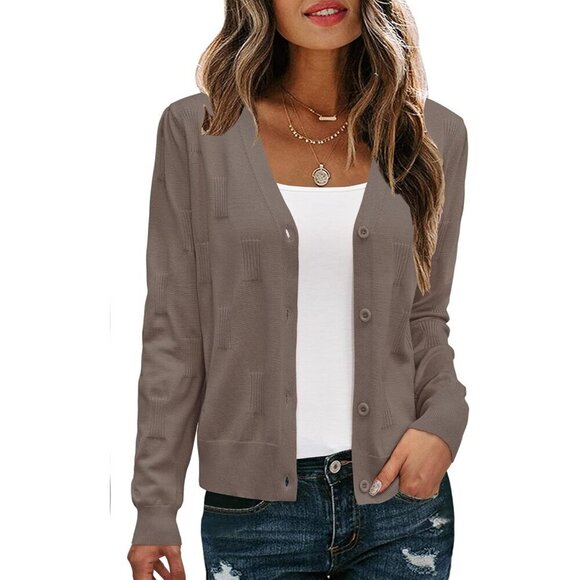 Sweaters - Women’s Light Cropped Cardigan V Neck Button Long Sleeve Fall Casual Sweater